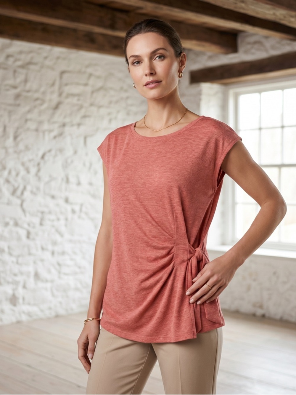 This soft & lightweight coral flattering ruched top feminine draped silhouette